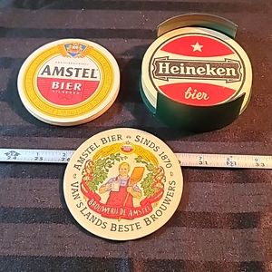 EUC vintage coasters 9 heineken 5 Amstel one Van's lands bestie brewer & holder
